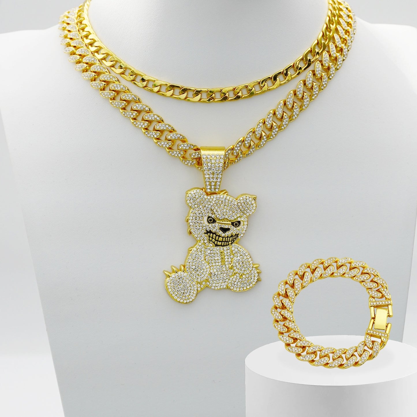 Fashion Jewelry Fully-jewelled Bear Pendant Necklace Bracelet Three-piece Set